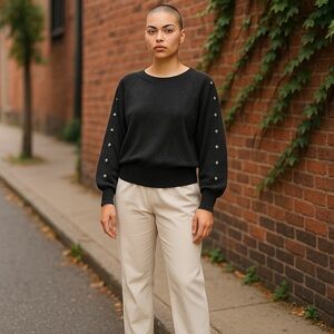 Elena Solano Sweater Women's Large‎ Studded Knit 100% Merino Wool Cozy Charcoal